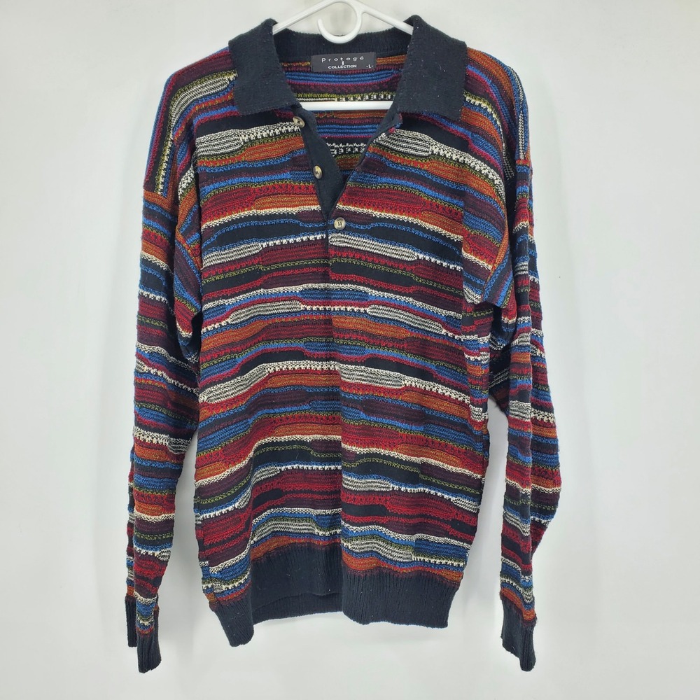 Vintage 90s Y2K Protege 3D‎ Knit Abstract Henley Grunge Grandpa Sweater Large